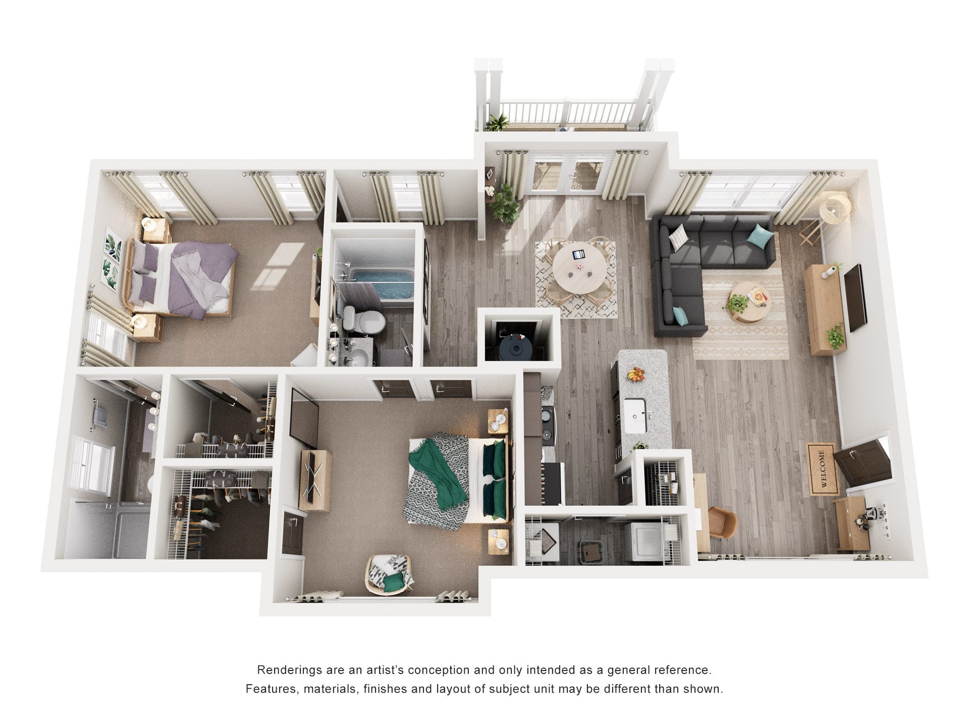 Floor plan for 2 beds, 2 baths, 1266 sqft